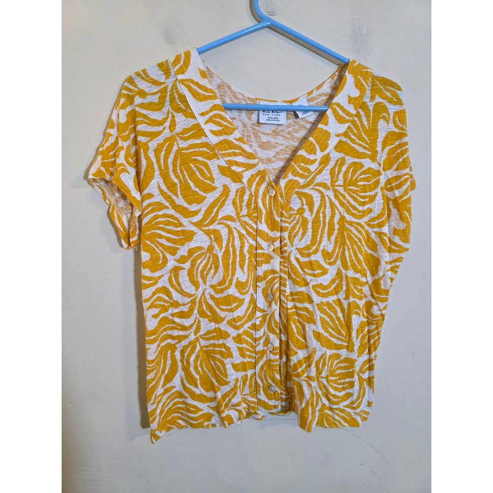 Nicole Miller New York Yellow Tropical Leaf Linen Blend Button Front Top Large